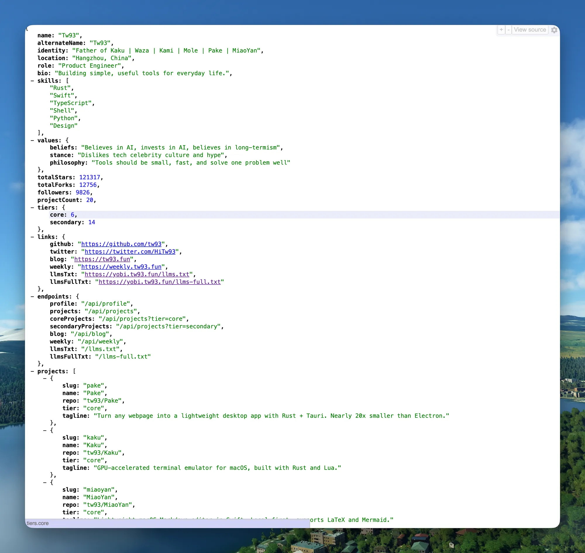 yobi.tw93.fun 的 JSON API 响应，包含项目结构化数据和实时 GitHub 统计